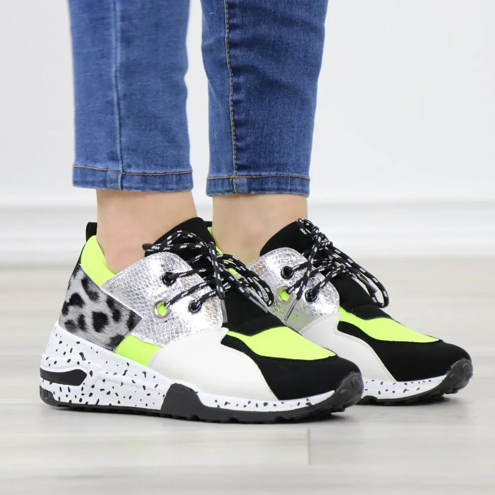 White Neon Animal Print Fashion Comfort Wedge Heel Sneakers Shoes - Picture 11 of 11